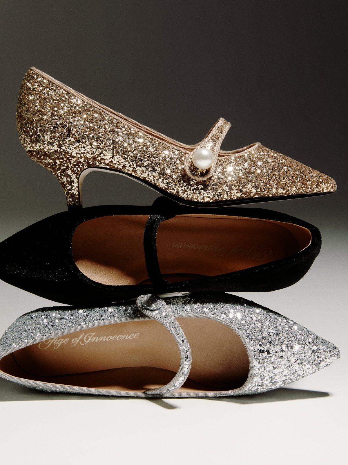 Thea Glitter Black Flats Shoes Age of Innocence Women