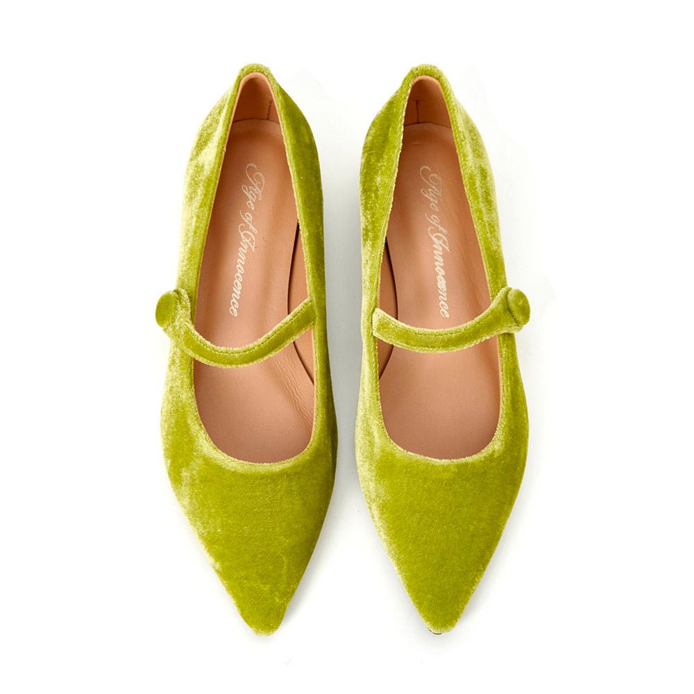 Thea Velvet Light Green Flats Shoes Age of Innocence Women